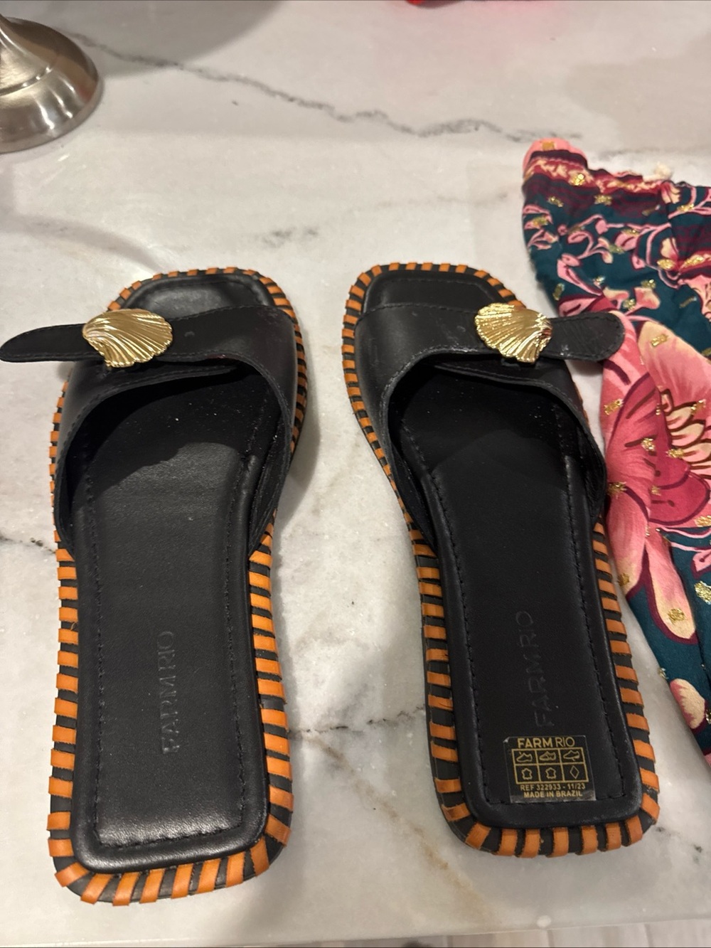 FARM RIO Black Leather Slide Mules with Orange Striped Trim and Gold Shell